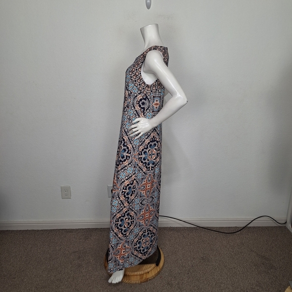 Chicos Navy Blue Orange Patterned Bohemian Retro Festival Boho Maxi Dress Size M - Picture 8 of 13